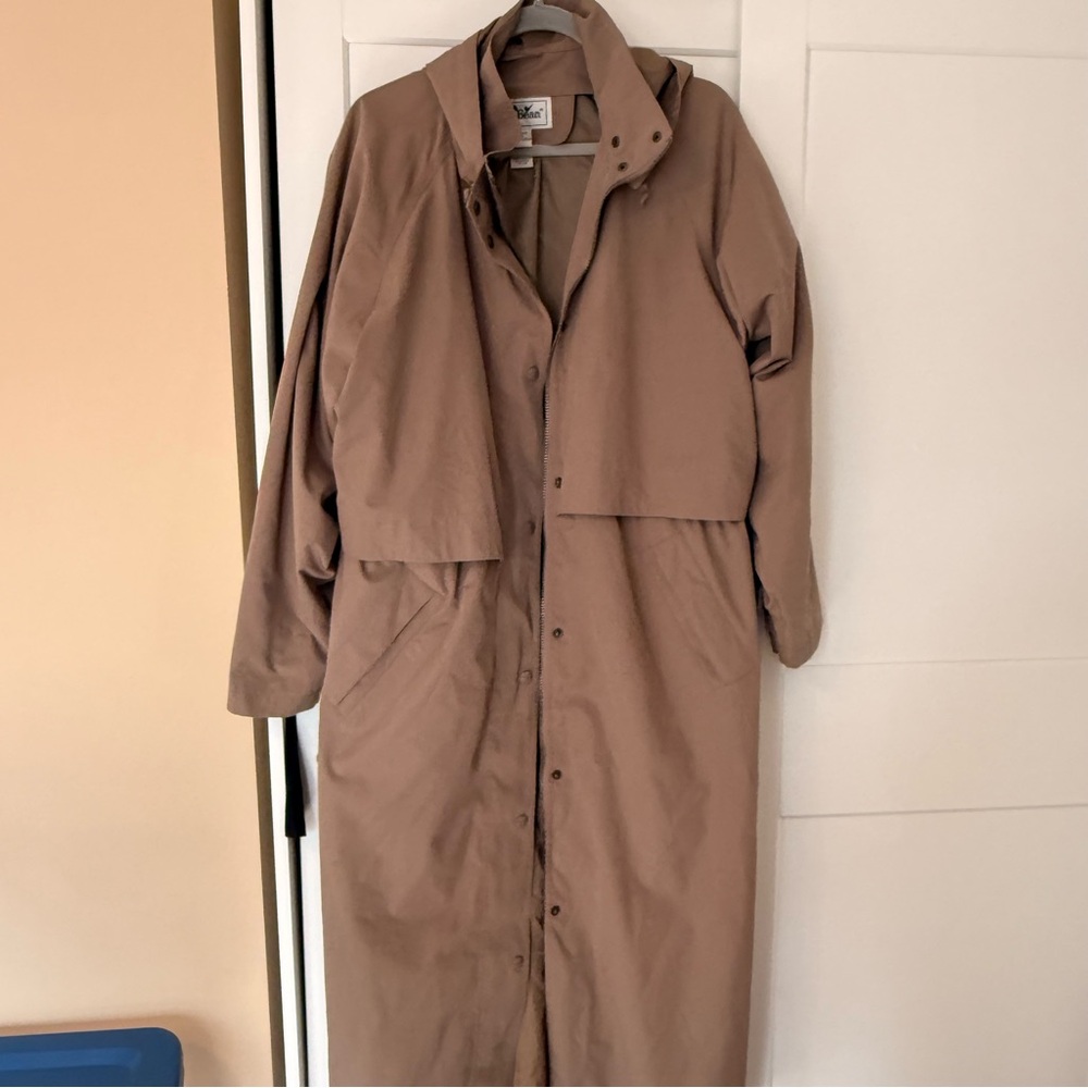 LLBean womens hooded trench coat. Dark Tan Size XL